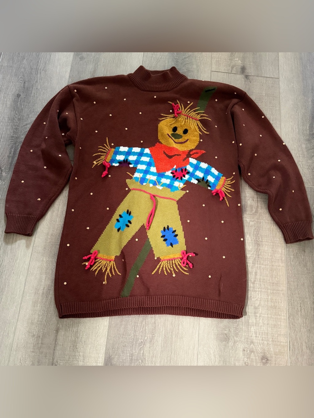 Vintage Scarecrow Knit Sweater Small Oversized Fall Brown Beads Rope NOS/NEW